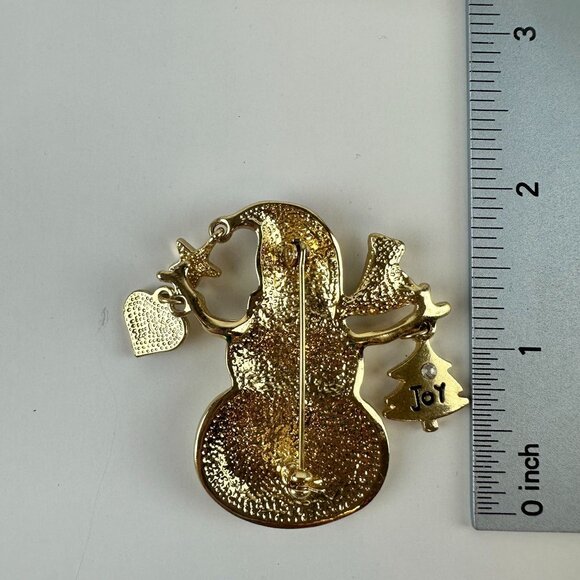 Glitter White Enamel Snow Man Brooch with Dangle Charms Gold Tone - Picture 2 of 2